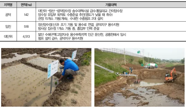 표 10. 파주 임진지역 가뭄대책 추진 현황 지역명 면적(ha) 가뭄대책 공덕 142  대단위→장산→공덕양수장 송수대책시설 급수:통일대교 간이양수장 양수장 유입부 퇴적토 수중준설 추진(염도가 낮을 때 취수)  관정 15개소 가동(계속), 수내천 수중펌프 2대 설치 임진 518  장산양수장(신규) 조기 가동 및 용수로 연결, 공덕지구 용수지원  방사상 집수정 1개소 가동 중, 흡입부 인력 준설 대단위 4,513  말단 수혜구역(고양지사) 용수부족지역 인근 