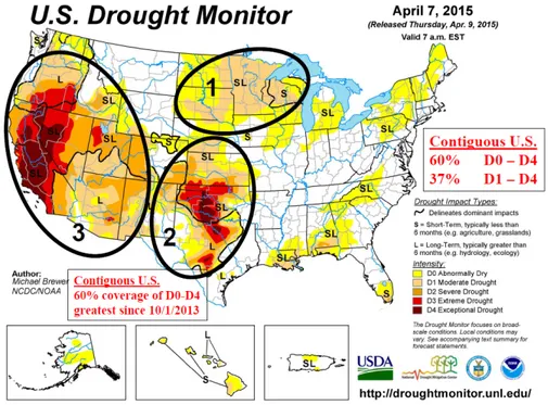 그림 2. 2015년 미국 가뭄 모니터링 결과 (출처: 2015년 Biennial U.S. Drought Monitor Forum 발표자료)