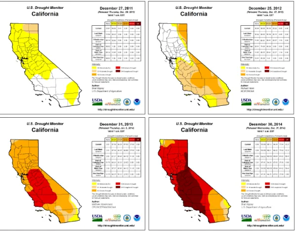그림 3. 미국 캘리포니아 2011-2014년 가뭄 모니터링 결과 비교 (출처: 2015년  Biennial U.S. Drought Monitor Forum 발표자료)3