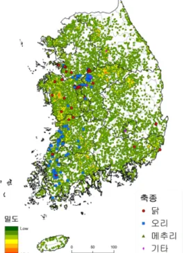 FIGURE 4. HPAI infected farms density FIGURE  5.  HPAI  infected  farms  location  and  poultry  farms  density