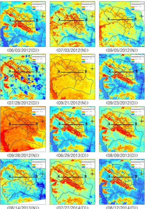 FIGURE  5.  ASTER  surface  temperature  collected  in  this  study (D:  Daytime,  N:  Nighttime)