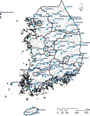 FIGURE  1.  92  weather  stations  in  South  Korea