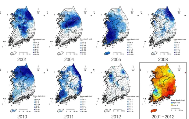 FIGURE  4.  Snow  depth  distribution  map(2001~2012)  using  Terra  MODIS