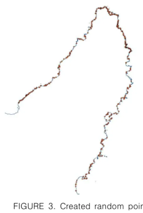 FIGURE  3.  Created  random  points  from  reference  shoreline 2.  위성영상별  해안선  포인트  추출 본  절에서는  위성영상별  해안선  포인트를  추 출하는  방법에  대하여  소개한다