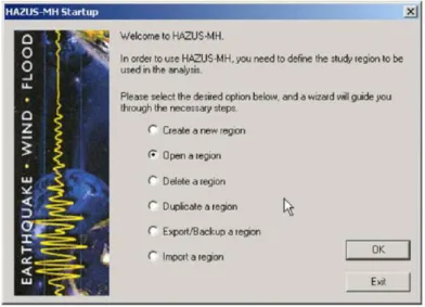 FIGURE  3.  Start-up  screen  of  HAZUSHAZUS  적용  지진피해  평가  해석의  토대  조성을  위해서는,  우선  대상  영역의  위성영상  이용하여  전체  영역과  하부  블록들을  디지타이징하여  국내  직교  좌표계를  부여해야  한다