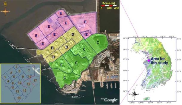 FIGURE  1.  Distribution  of  site  class  with  blocks  in  a  coastal  facilities  area  for  the  study( )로부터  도출하여  상하  평균 심도까지의 VS  분포로서  적용하였다