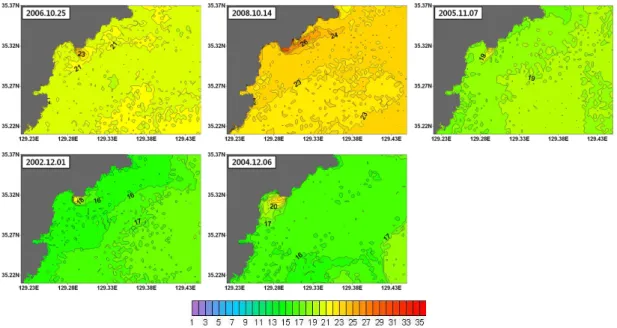 FIGURE  9.  Distribution  of  sea  surface  temperature(℃)  from  Landsat-7  in  autumn 변  해표면  수온과  최대  2℃정도로  낮은  수온차 를  보였다