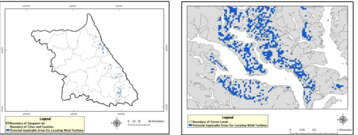 FIGURE  4.  Potential  applicable  areas  for  locating  wind  turbines  in  Gangwon-do  (Right:  an  example  of  enlarged  areas)