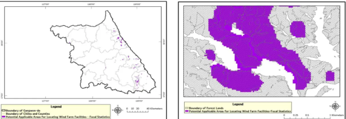 FIGURE  6.  Potential  applicable  areas  for  locating  wind  farm  facilities  in  forest  lands  of  Gangwon-do  using  a  focal  statistics  method  (Right:  an  example  of  enlarged  areas)
