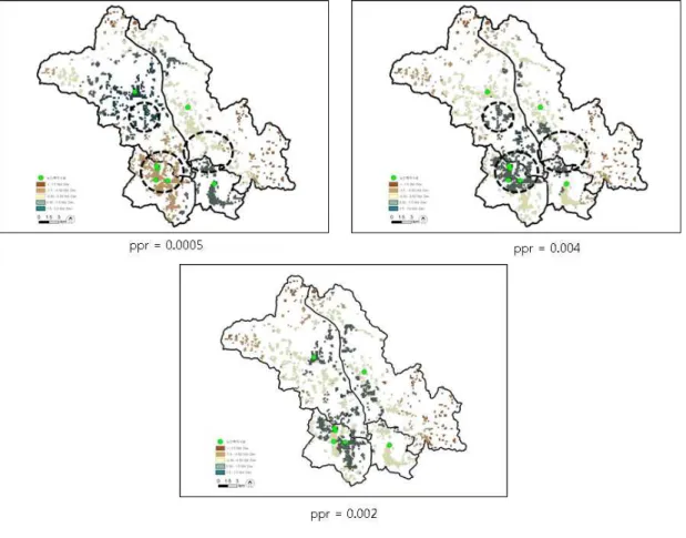 FIGURE  11.  Accessibility  maps  by  different  PPRs (classification  method  :  standard  deviation)는  PPR  계산의  분모에  해당하는  집계  노인인구  값에  더  큰  거리  가중치를  적용하기  때문에 노인복지시설의  PPR  값을  낮추는  효과가  있다