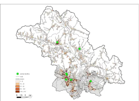 FIGURE  1.  Study  region 용하였고,  노인복지시설  8곳의  정보는  경상북도  도청에서  제공받았다.  노인주소와  노인복지시설 의  주소  정보는  지오코딩  작업을  수행하여  포 인트  자료로  변환하여  활용하였다