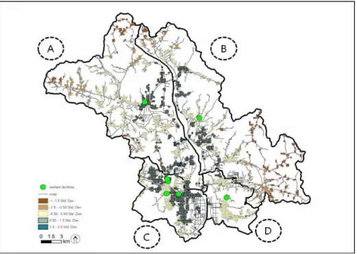 FIGURE  2.  Spatial  accessibility  map분석결과1.  접근성  분석결과본  연구에서  기본인구  13,238,  PPR  0.002 를  적용한  구미시  노인복지시설의  접근성  분석 결과는  그림  2와  같다