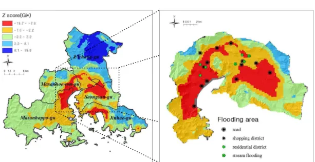 FIGURE  11.  Hotspot  area  of  flooding  vulnerability  and  flooding  area  in  urban  area(http://bangjae.changwon.go.kr) 분포하고  있으며,  계곡  기저부에  위치하고  있어  집중  호우  시  홍수에  의한  피해가  발생할  수  있을  것으로  판단된다