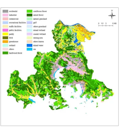 FIGURE  4.  Land  cover  map 인공녹지  등은  자료구축의  한계로  인해  본  연 구에서  제외하였다. 한편,  2단계인  물관리  시설의  설치  여부에  대한  분석은  빗물  저장조,  유수녹지,  침투  트렌 치,  침투박스와  같은  물관리  시설이  설치되어  빗물의  유출저감,  이용,  침투의  용도로  활용되 는  특성을  반영하며(Gyeongnam  Green  Environmental  Center,  2011