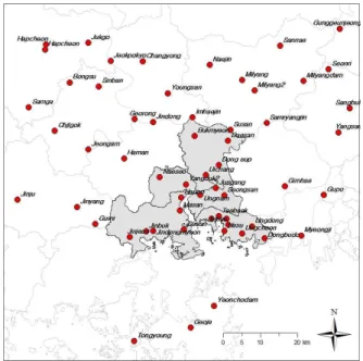 FIGURE  6.  Distribution  of  weather  observation  point  around  changwon-city