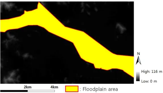 FIGURE  4.  Floodplain(the  yellow  polygon)  extracted  from  the  DEM