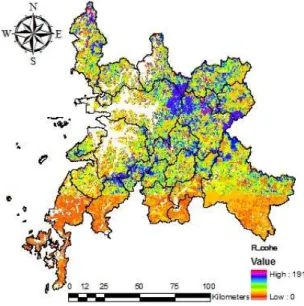 FIGURE  9.  Root  cohesion  of  the  sub-catchments  (unit:    )다.  이를  통해  국내  425개의  토양통별  투수계수와  유효토심값을  산출하고,  그림  7과  8과  같이  도시하였다.1군  유역의  평균  유효토심의  깊이는  0.49m였으며,  유효토심의  깊이가  1~1.5인  지역의 해당  유역의  면적  대비  3.7%,  1  이하인  유효토심의  깊이는  96.3%로  