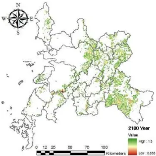 FIGURE  11.  Analytical  result  of  slope  stability  in  the  year  2100 냈다.  반면,  강수일수와  일최대강우량의  분석결과,  P1기간  대비  P2  및  P3  미래  기간에  대해 지속적으로  증가하는  것으로  분석되었다
