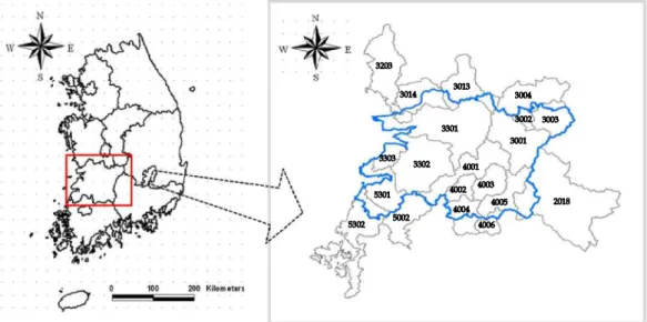 FIGURE  1.  Administrative  district  of  Jeonbuk  and  sub-catchments  for  slope  stability  assessment대상유역일반적으로  산사태에  대한  위험성은  산악형 지형이  많은  강원도의  일부  문제로  국한되어 온  것이  사실이다