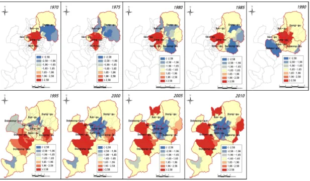 FIGURE  3.  Hotspot  analysis  result  of  Daegu 시기본계획」이  수립되면서  2도심(중구,  동대 구)  4부도심(칠곡,  안심,  달서,  성서)  1신도시 (현풍)으로  변경되었다