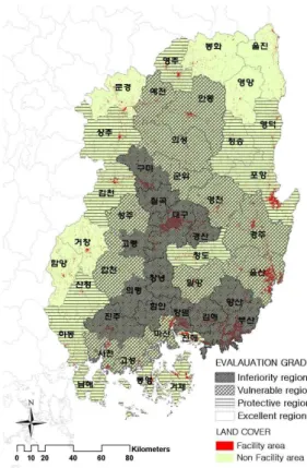 FIGURE  9.  Thermal  comfort  evaluation  map 상대적  열쾌적성  불량지역에는  대구광역시,  칠곡군,  구미시,  경산시를  포함한  13개  지역이  분류되었고,  울산광역시,  밀양시,  안동시를  포함 한  13개  지역은  열쾌적성  취약지역으로,  포항 시,  통영시,  거제시  등  13개  지역은  열쾌적성 우수지역으로,  봉화군,  거창군,  영양군  등  6개 지역은  열쾌적성  양호지역으로  분류되었