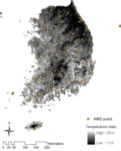 FIGURE  4.  The  distribution  of  weather  stations RMSE  값을  산출한  결과,  기온은  RMSE가  0.44로  나타나  실측치와  정확도가  매우  높은  반면,  풍속은  0.98,  상대  습도는  6.45로  기온에  비해  상대적으로  정확도가  낮게  나타났다(표  2)