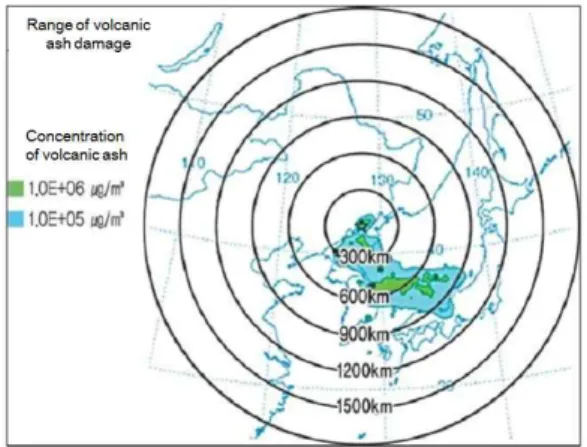 FIGURE  5.  Range  of  volcanic  ash  damage  (National  Disaster  Management  Institute 