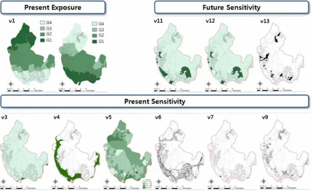 FIGURE  4.  Spatial  distribution  of  variables성을  바탕으로  분석방법의  개선사항을  도출하여  기후변화  재해취약성분석  방법의  개선방안을  정립하였다.기후변화  재해취약성분석1