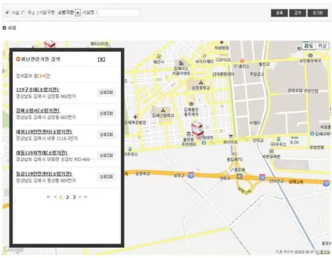 FIGURE  3.  Presentation  of  industry  DB  using  open  map  API산업  관련  정보를  원하는  사용자들에게  제공하는  산업체  정보공유  시스템으로써  위치  기반의 시스템  구축을  통해  거시적으로는  동남권  전역에  걸쳐  산업체의  분포를  시각화하여  광역경제권의  산업정책  수립  및  의사결정  과정의  지원을  비롯해,  미시적으로는  주변  유사  업종간의  협력체계  구축을  통한