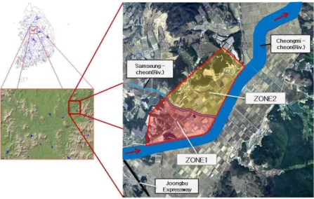 FIGURE  2.  Target  area2010).  홍수범람  흐름은  2차원으로  해석하고 연속방정식과  수심차를  고려한  Manning공식으로  계산되며(Bates et  al.,  2000),  흐름은  수심이  점진적으로  변화하는  점변류로  가정한다
