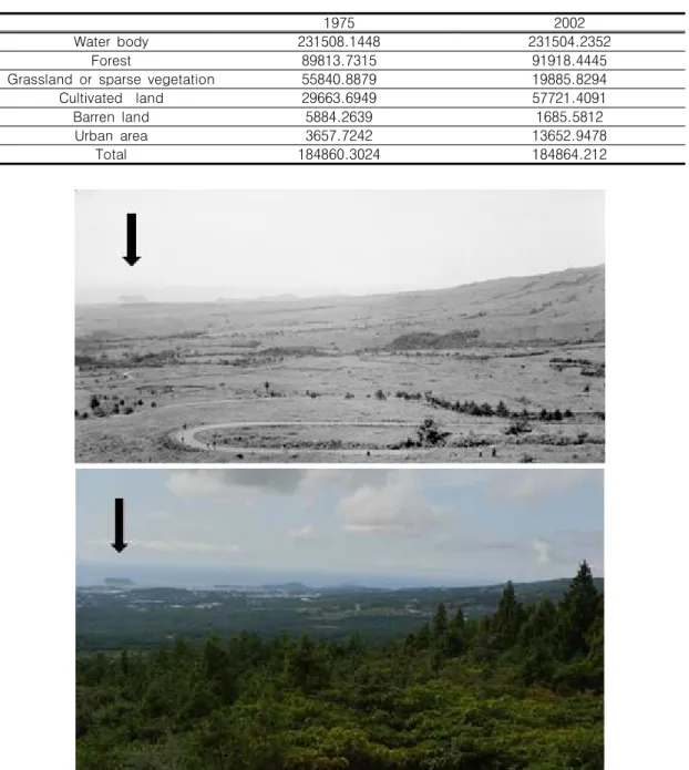 TABLE  1.  The  area  changes  by  landcover  in  1975  and  2002  detected  from  landsat  MSS  &amp; 