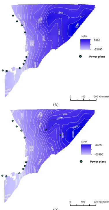 FIGURE 6. Maps of net present value(NPV) calculated from the study area. (A) Scenario 1