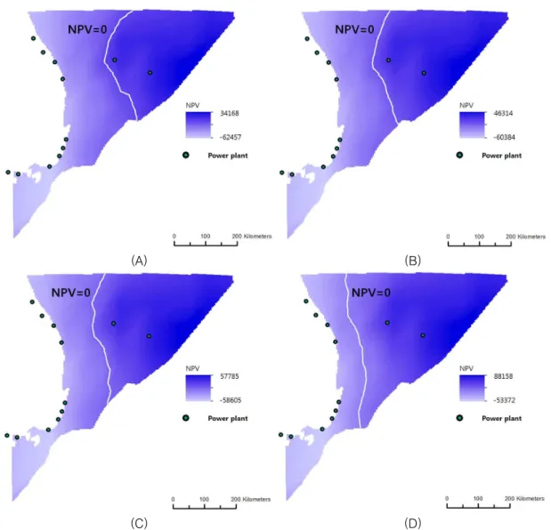 FIGURE  7.  Maps  of  net  present  value(NPV)  calculated  from  the  study  area  when  the  increment  of  electricity  price  is  (A)  10  KRW/kWh,  (B)  30  KRW/kWh,  (C)  50  KRW/kWh  and 