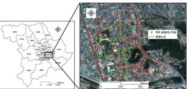 FIGURE  4.  Study  area 후  각  ID  별로  Route  System을  정의하였다.  각  Route  System에  대해  5m  간격의  포인트 를  자동으로  생성하기  위한  Event를  생성하기  위해  dbf  파일을  통해  정의한  후  Event  Source를  생성하여  각  노선별로  정의한  Route  System의  고유  ID와  연결하였다