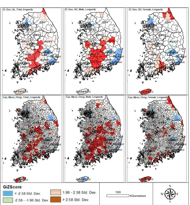 FIGURE  3.  Gender  differences  of  Getis-Ord  Gi *   cluster 의미한다.  표  3은  Getis-Ord  Gi * 결과로  도출된   