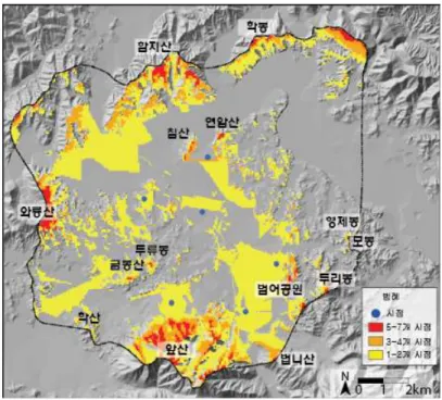 FIGURE  7.  Visibility  analysis 의  산림에  의해  조망경관이  형성되어  있으며,  서쪽으로는  시점주변의  산림과  농지  및  그  배 경에  와룡산에  의해  조망경관이  형성되었다