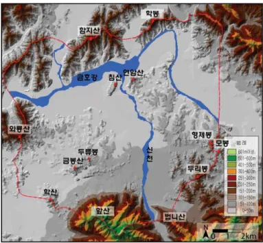 FIGURE  2.  Altitude  of  Daegu가시권분석은  근대지형도를  활용하여  작성한 DEM  데이터를  사용하여  ArcGIS의  3D analyst  Viewshed  기능을  활용하여  실시하였다