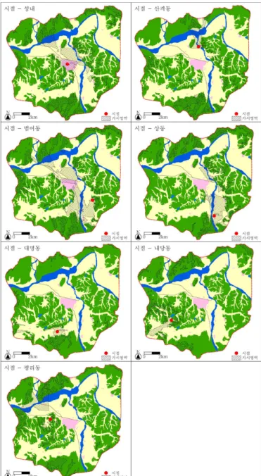 FIGURE  5.  Landuses  and  viewsheds  from  view-points을  때,  가시권  내의  토지이용  현황을  살펴보면, 전체  가시권  1,721.3ha  중에서  산지가  72.7%로  가장  높고,  다음으로  농지가  18.4%,  하천 또는  저수지가  8.5%를  차지하고  있다
