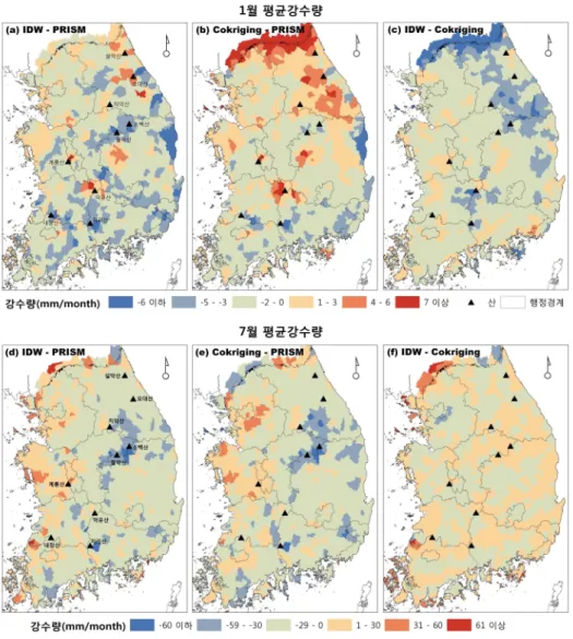FIGURE  5.  The  differences  of  monthly  average  precipitation  by  interpolation  methods