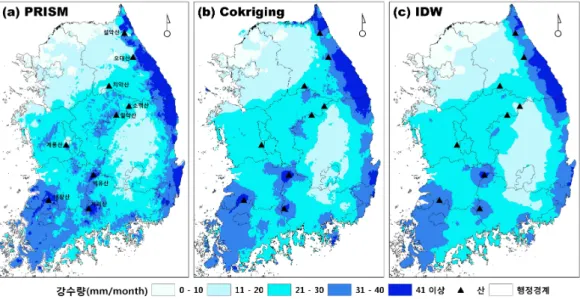 FIGURE  3.  The  distribution  of  the  monthly  average  precipitation  in  January그리고  지리산  등에  상대적으로  많은  강수가 있었다
