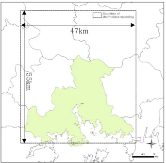 FIGURE  3.  The  boundary  of  MetPhoMod                                  modeling 구와  성산구에는  정밀한  공간  및  지형특성정보를  구축하기  위해  1:1,000  축척의  토지이용도와  토지피복도,  그리고  공간해상도  1m× 1m의  DTM을  활용하였고,  그  외  지역은  환경부의  중분류  토지피복도와  1:5,000  축척의  수치지형도를  이용한  DEM  자료를 