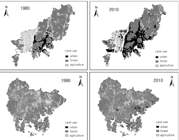 FIGURE  2.  Landuse  changes  in  the  Busan  metro  area(top)  and  South  Kyeongsang                                Province(bottom)  (1980,  2010)고  연도별  평균기온,  최고기온평균,  최저기온평균,  연강수량을  각각  산출하였다