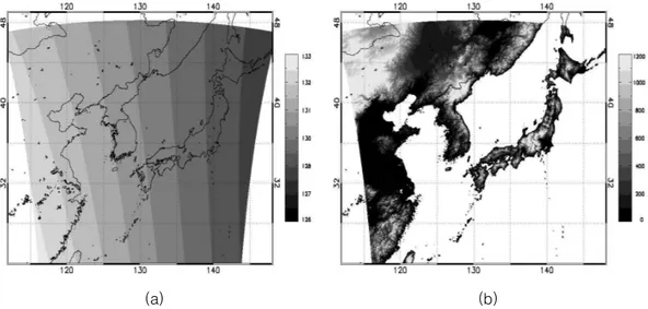 FIGURE  3.  (a)  The  scattering  angles(unit:  degree)  for  the  Rayleigh  scattering  calculations  for  the  GOCI  observation  on  5  April  2011,  UTC  01:16  and  (b)  Digital  elevation  map 