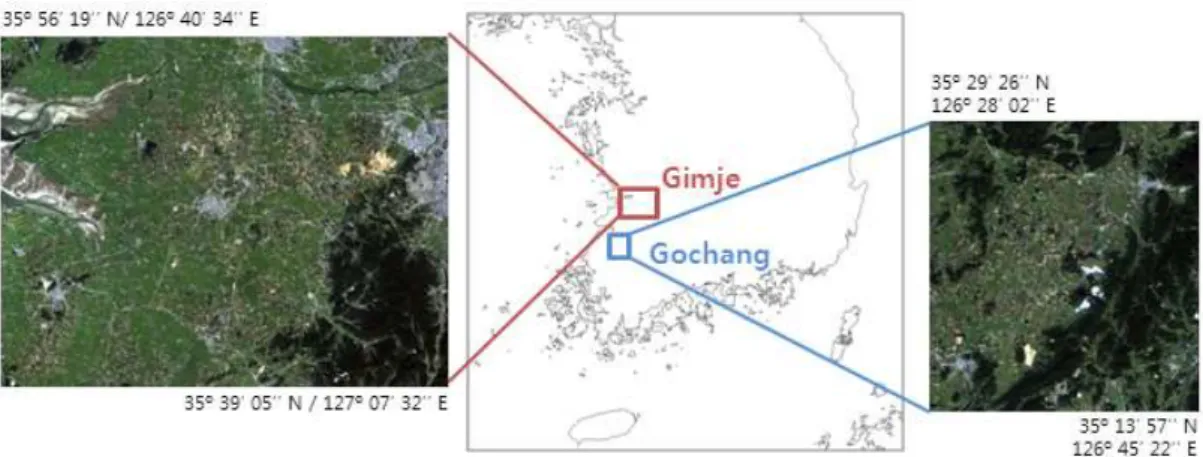 FIGURE  1.  사례연구지  (김제시  일대,  실색합성된  RapidEye  영상)  및  검증지역 (전북  고창,  실색합성된  RapidEye  영상) 성  및  해안성  기후로  겨울에는  북서계절풍의  영향이  강하고,  여름에는  온난습윤하다