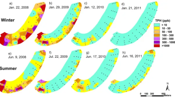 FIGURE  2.  4년간(2008  ∼2011)  동계와  하계  만리포  해수욕장의  연도별  유분(TPH)  분포지도결과  및  토의 1.  공간변화  탐색  및  통계량2008년  1월부터  2011년  6월까지  만리포 해수욕장에서  조사된  유분  자료를  이용하여   그림  2와  같은  유분분포지도를  제작하였다