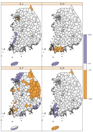 FIGURE  4.  Structured  spatial  effects  credibility  intervals표  2에서  다빈도  만성질환은  각각의  만성질환  분포에서  공통되는  지역을  나타낸  것으로 3가지  만설징환  모두에서  상대위험비가  1.1이상인  지역을  의미한다