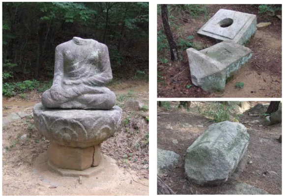 FIGURE  3.  경주  남산지역의  비지정  문화재(좌:  불상,  우:  탑  및  석등) 며,  목록만  있고  지금까지  조사가  이루어지지  않은  유적  및  유물에  대해서는  별도의  유적조 사카드를  작성하여  보완하였다