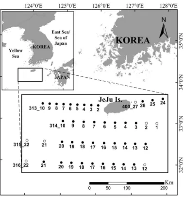 FIGURE  1.  연구지역인  제주  남부  해역(조사정점은  국립수산과학원의  정선해양관측  지점임)대한  수온  수직구조  함수의  시·공간적  변동성을  파악한  바  있다