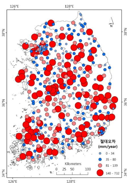 FIGURE  5.  2000-2005년  연평균  절대오차  현황 있음에도  1,500㎜/year  이상의  많은  강수량 을  나타낸  지점들이다.  이를  요약하면,  이  연 구에서  구현한  모델과  매개변수들은  300m  이 하의  저지대에  위치한  관측소에서  1,500㎜ /year의  많은  강수량을  보인  지점에서는  강수 량을  이보다  매우  적게  예측하였다