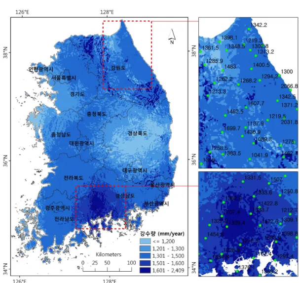 FIGURE  3.  2000-2005년  연평균  강수량  분포도 0.44로  높지  않았다.  이와  같은  결정계수  값 이  나타나게  된  것이  연구지역  전반에  걸친  오차  때문인지  일부  지역의  큰  오차  때문에  발생한  것인지  파악하기  위해  그림  4와  같은  분석을  하였다
